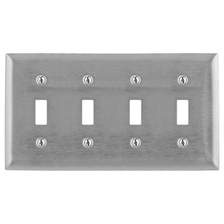 Hubbell Wiring Device-Kellems Wallplates and Boxes, Metallic Plates, 4- Gang, 4) Toggle Openings, 430 Stainless Steel SS4L